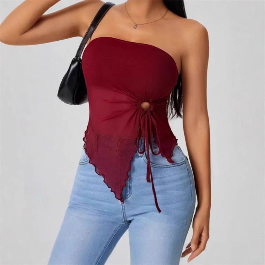 Women's Asymmetric Tube Top - Lace-Up Strapless Blouse