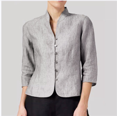 Linen-Cotton Mandarin Collar Blazer