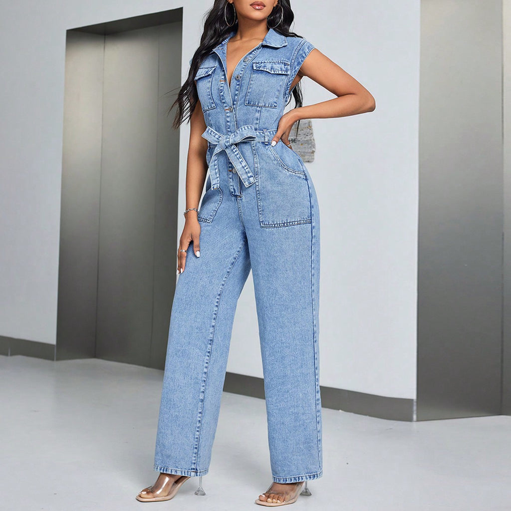 Sleeveless Denim Jumpsuit with Belt - Wide Leg