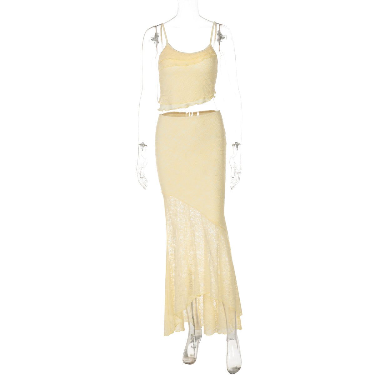 Lace See-Through Crop Top & Skirt Set - Ruffle Two-Piece