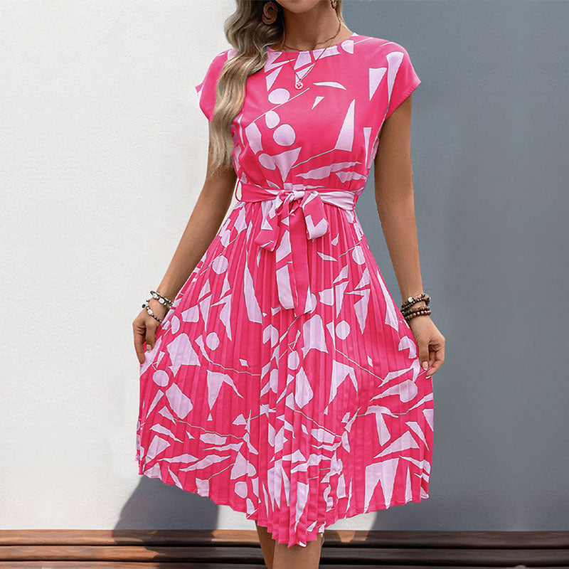Women's Geometric Print Pleated Dress - Summer Midi Style