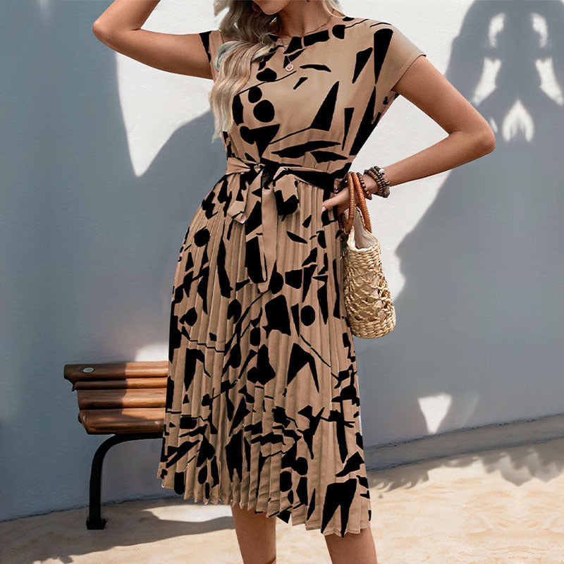 Women's Geometric Print Pleated Dress - Summer Midi Style
