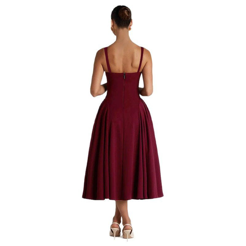 Women's Backless Maxi Dress - Square Neck A-Line Gown - Cherry Lacquer