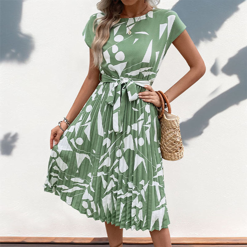 Women's Geometric Print Pleated Dress - Summer Midi Style