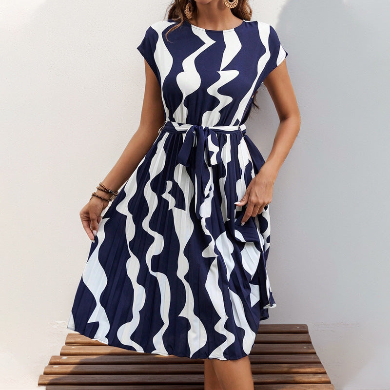Women's Geometric Print Pleated Dress - Summer Midi Style