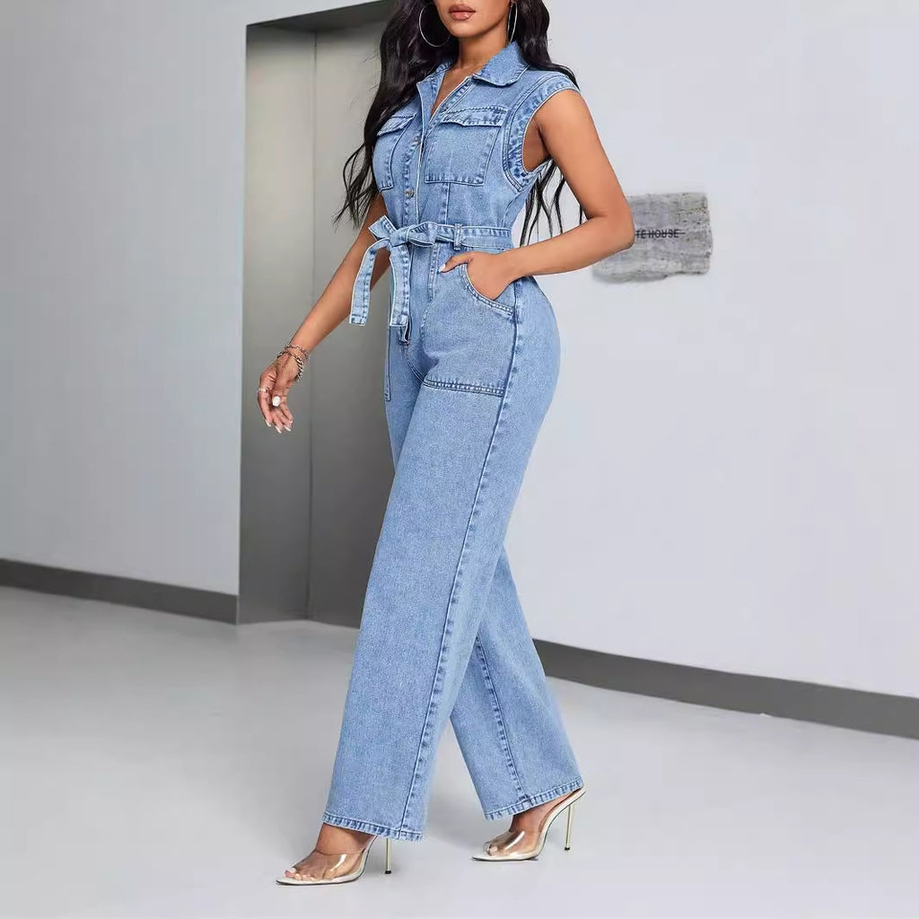 Sleeveless Denim Jumpsuit with Belt - Wide Leg