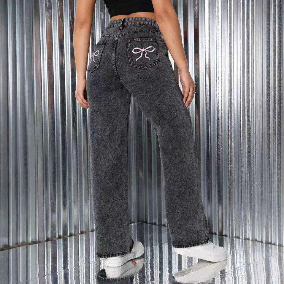 Trendy Embroidered Loose Fit High-Waist Jeans