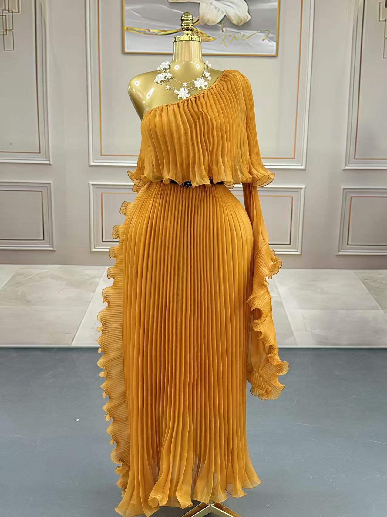 Chic One-Shoulder Pleated Maxi Evening Dress - Ariana Vogue