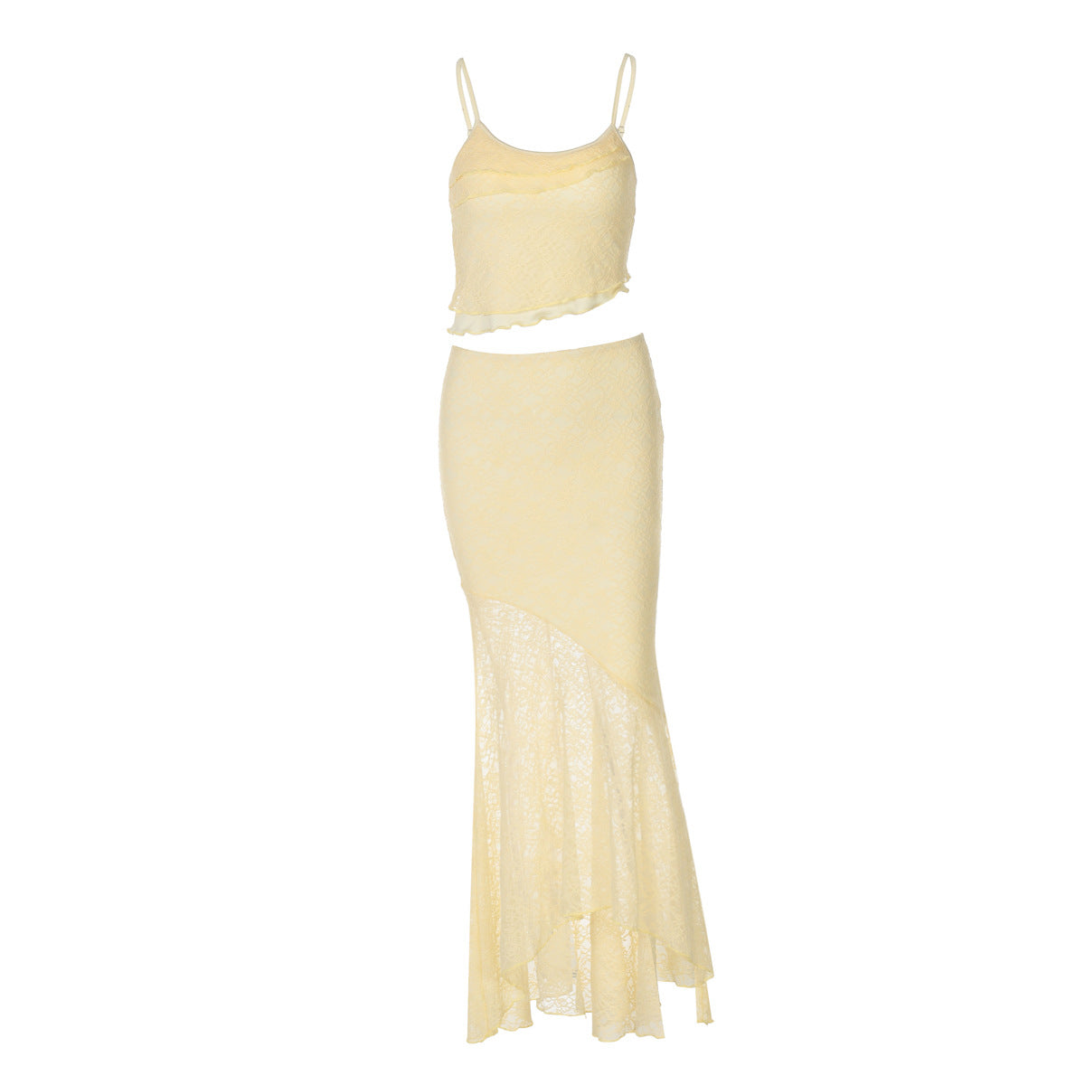 Lace See-Through Crop Top & Skirt Set - Ruffle Two-Piece