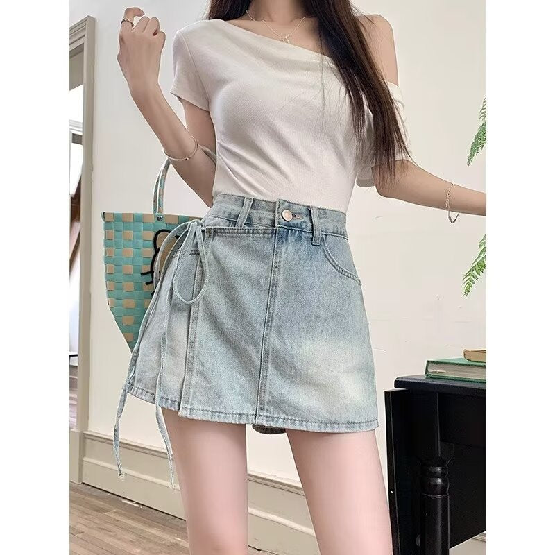 Fashionable Asymmetric High Waist Denim Skort with Irregular Hem for Summer