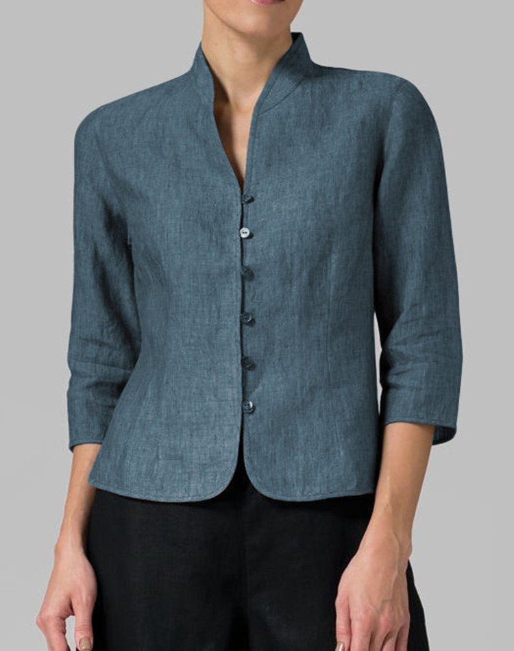 Linen-Cotton Mandarin Collar Blazer
