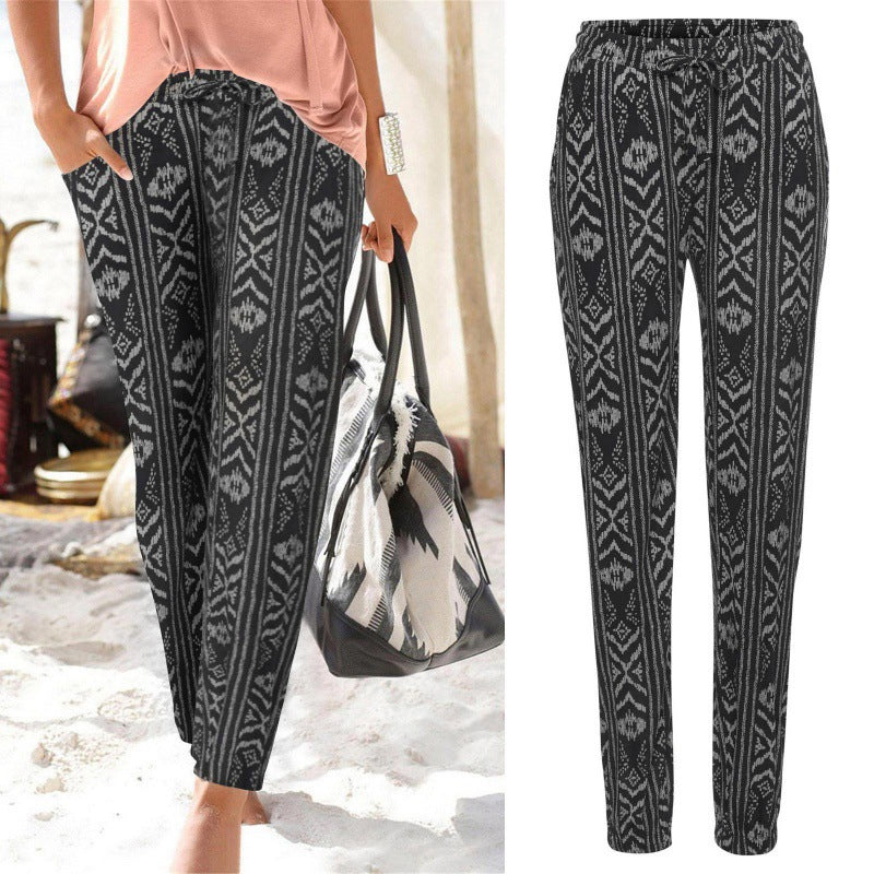 Women's Comfortable Elastic Waist Printed Patterned Pocket Drawstring Casual Trousers