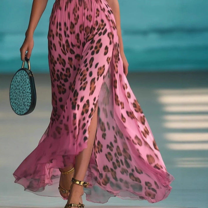 Elegant Leopard Print Halter Neck Maxi Dress with V Neck and Slimming Waist