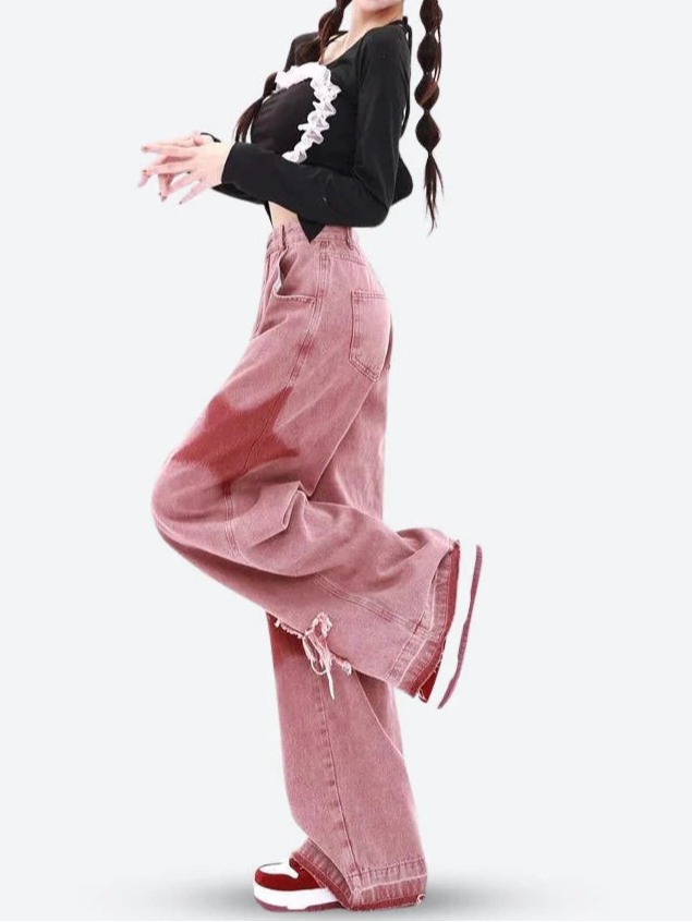 Y2K Star Distressed Wide Leg Denim Jeans