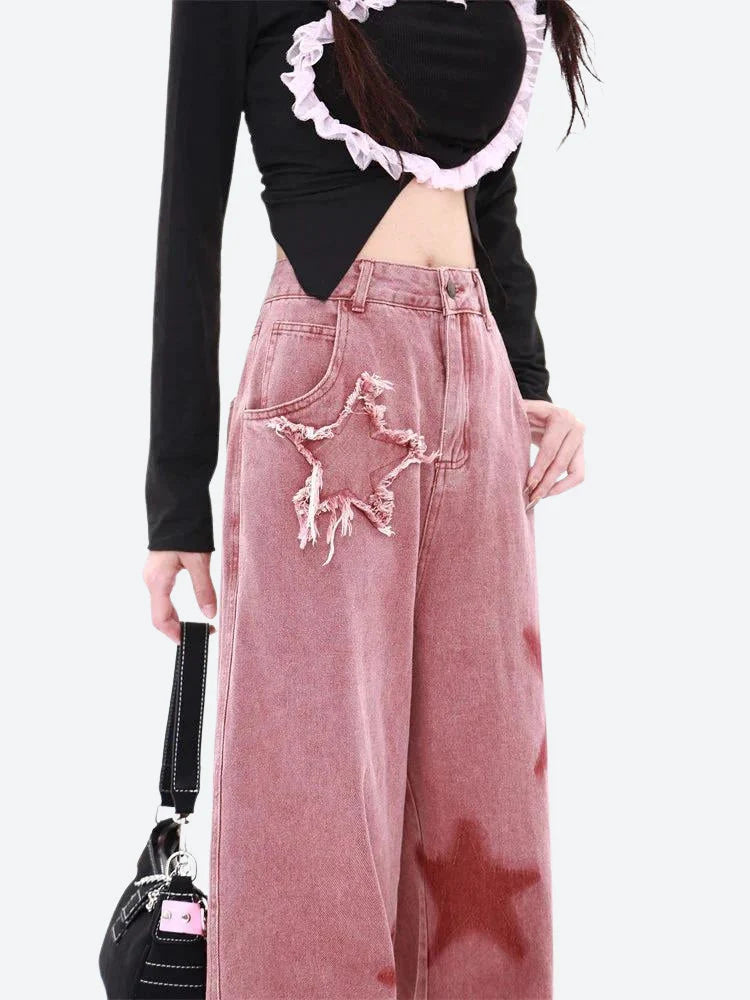 Y2K Star Distressed Wide Leg Denim Jeans