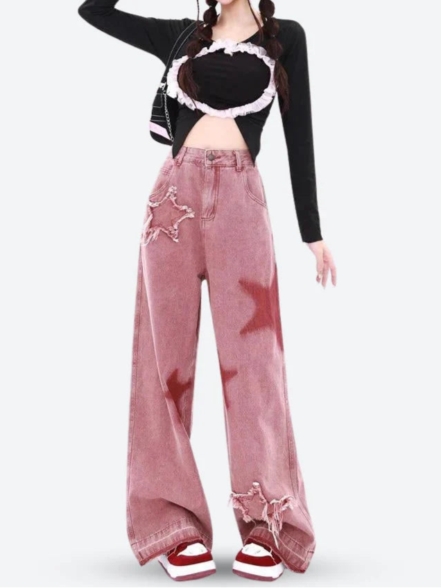 Y2K Star Distressed Wide Leg Denim Jeans
