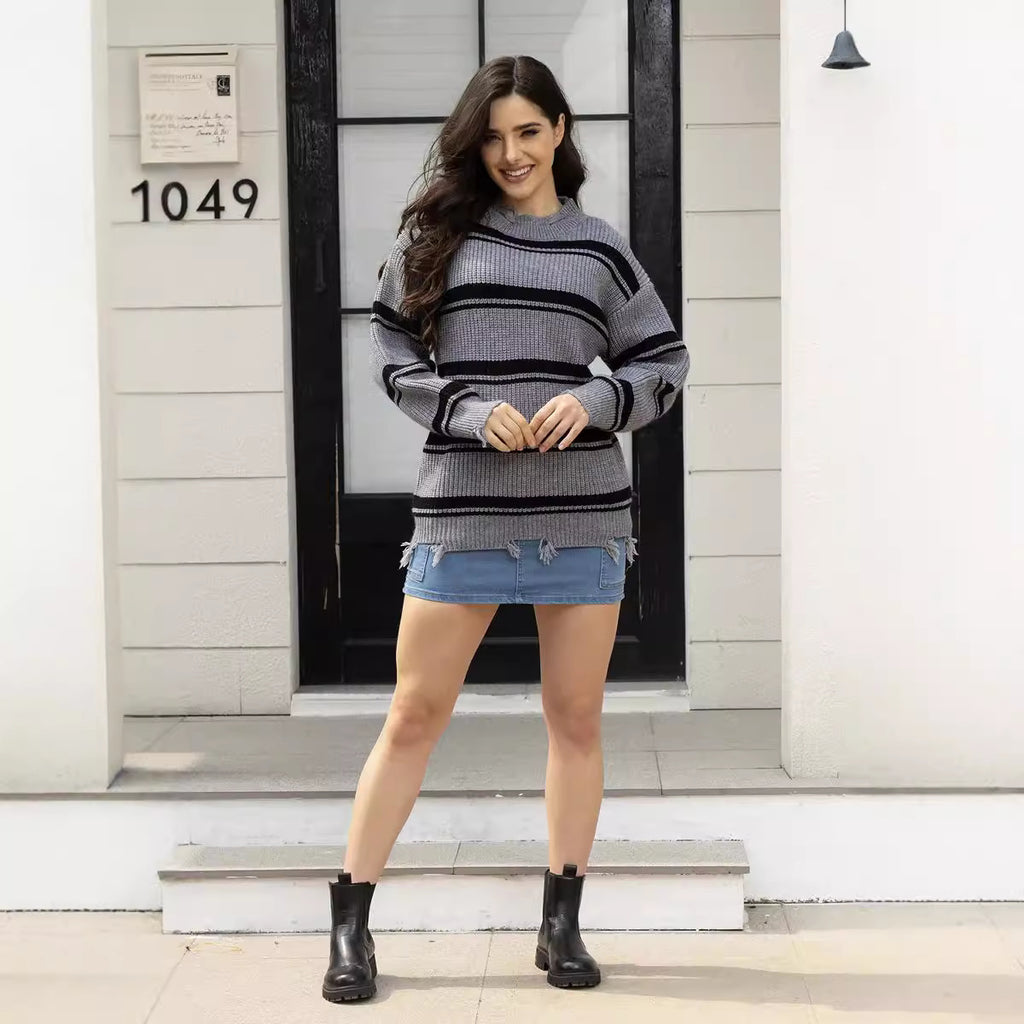 Cozy Striped Loose Knit Pullover Sweater with Round Neckline