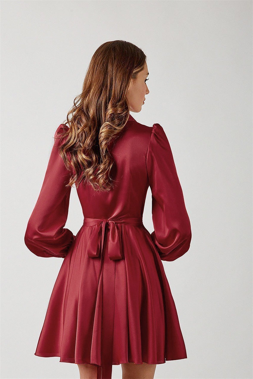 Elegant V Neck Long Sleeve Mini Dress with Cinched Waist and Lantern Sleeves