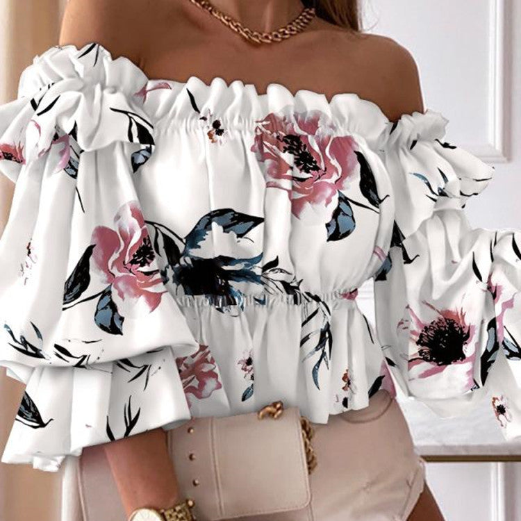 Chic Floral Off-Shoulder Blouse with Ruffled Long Sleeves