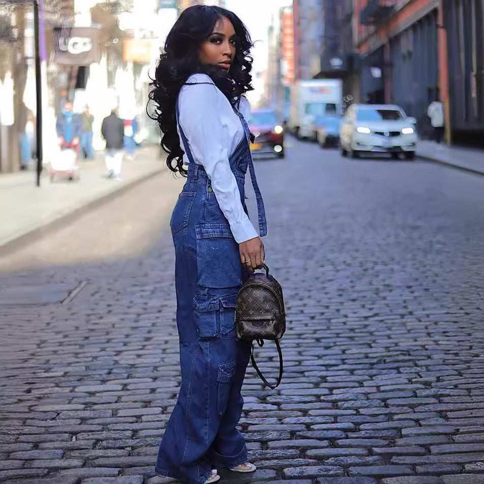 Women's Loose Fit Denim Jumpsuit - Casual Straight Leg