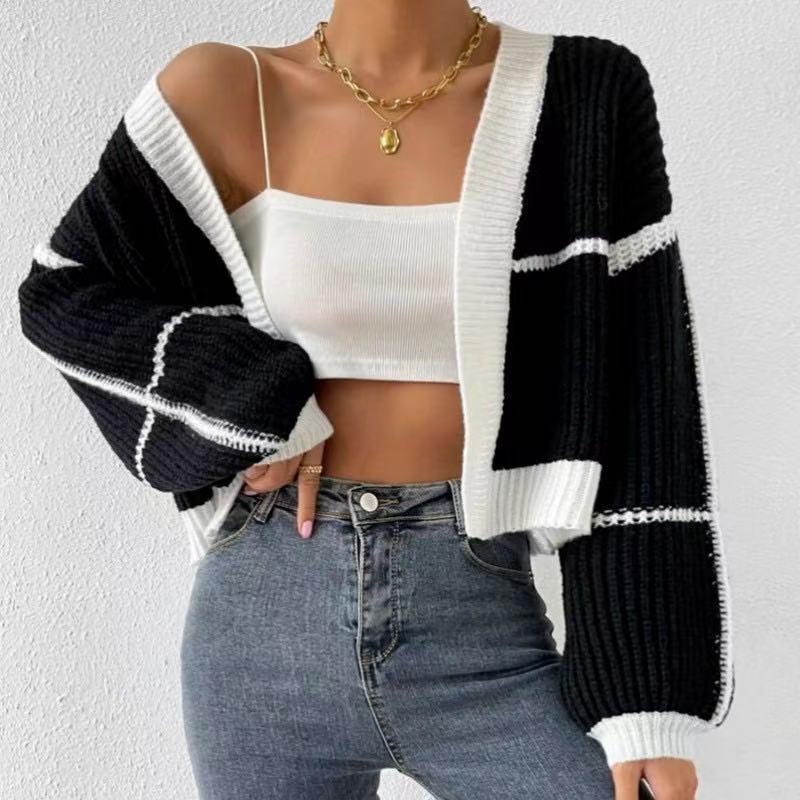 Chic Color Block Striped Knit Cardigan with Relaxed Lantern Sleeves