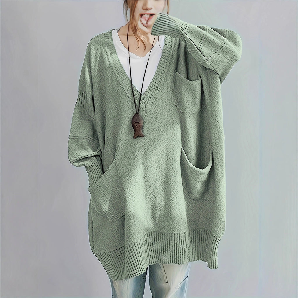 Comfortable Loose Fit V Neck Long Sleeve Pullover Sweater with Pockets
