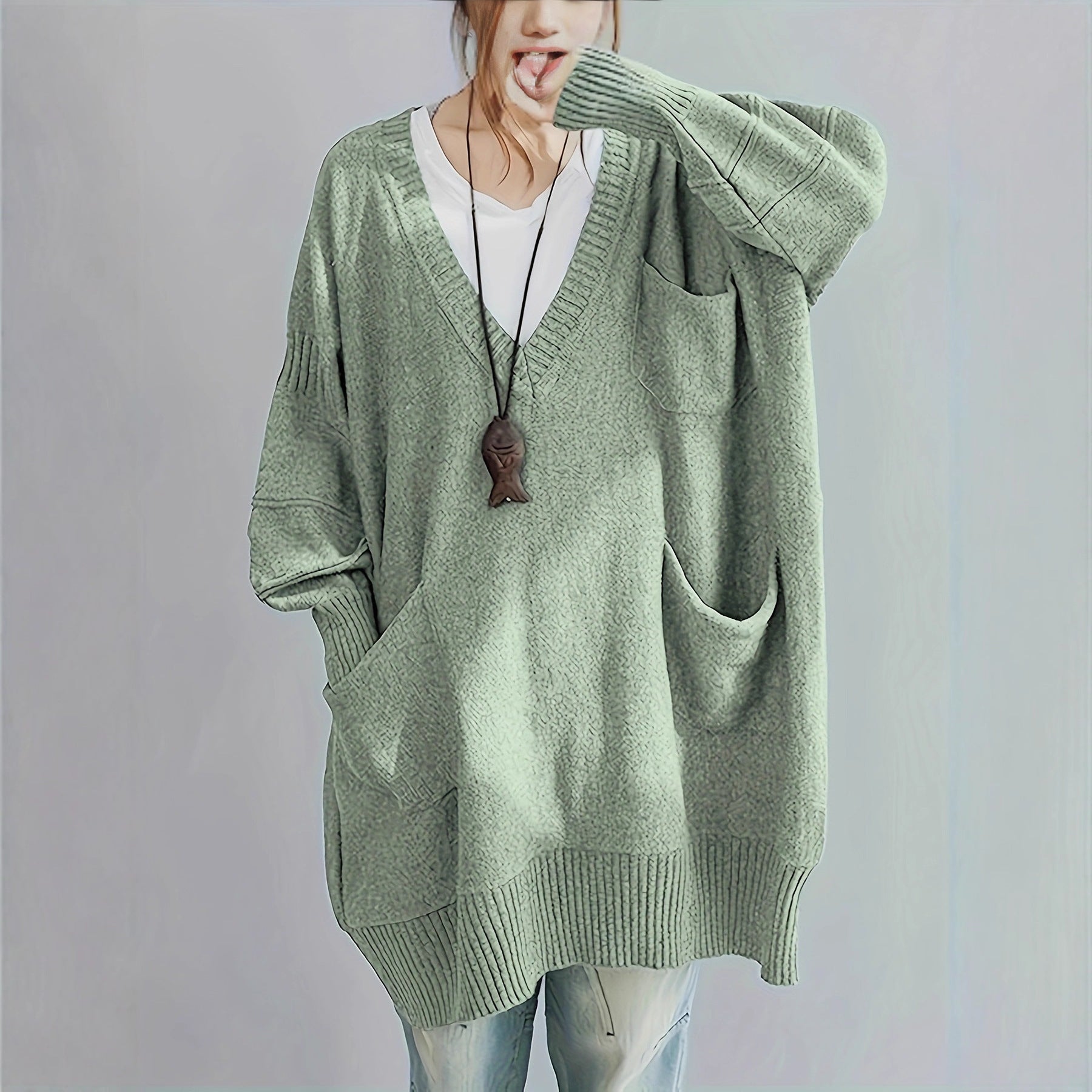 Comfortable Loose Fit V Neck Long Sleeve Pullover Sweater with Pockets