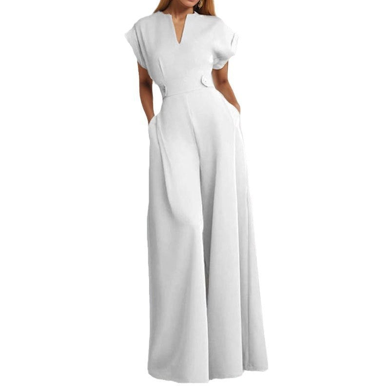 Elegant V-Neck Wide-Leg Belted Jumpsuit with Pockets