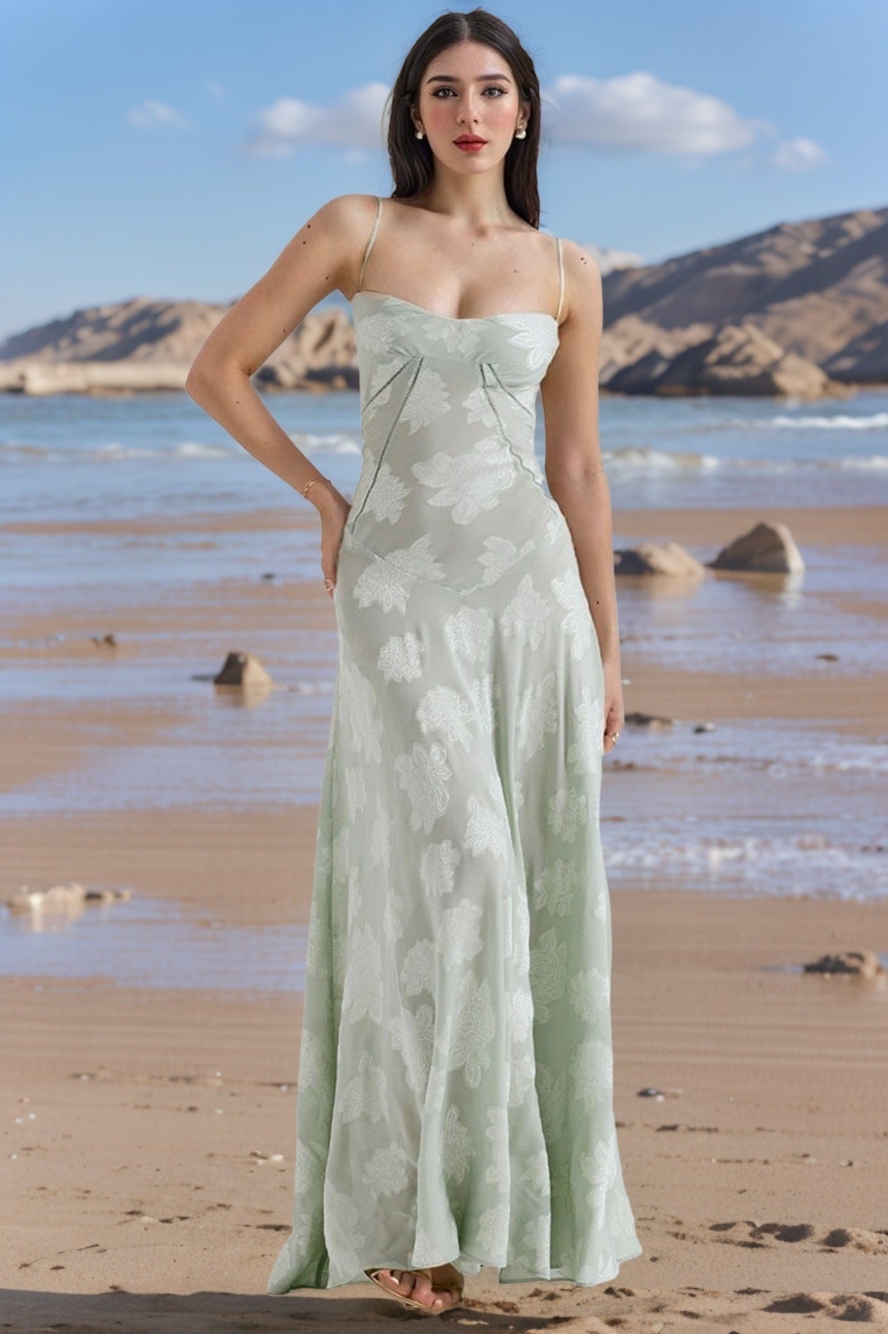 Elegant Floral Lace Maxi Dress with Suspender & Tie-Back Detail