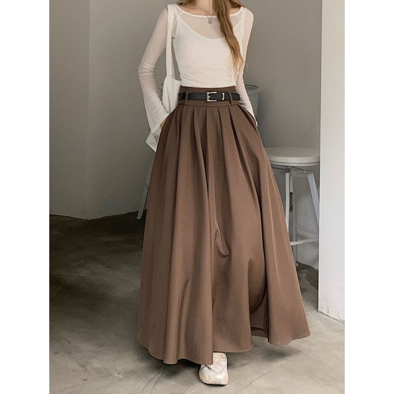 Elegant Pleated Maxi Skirt with Belt Urban Chic High Waist Flowy Design