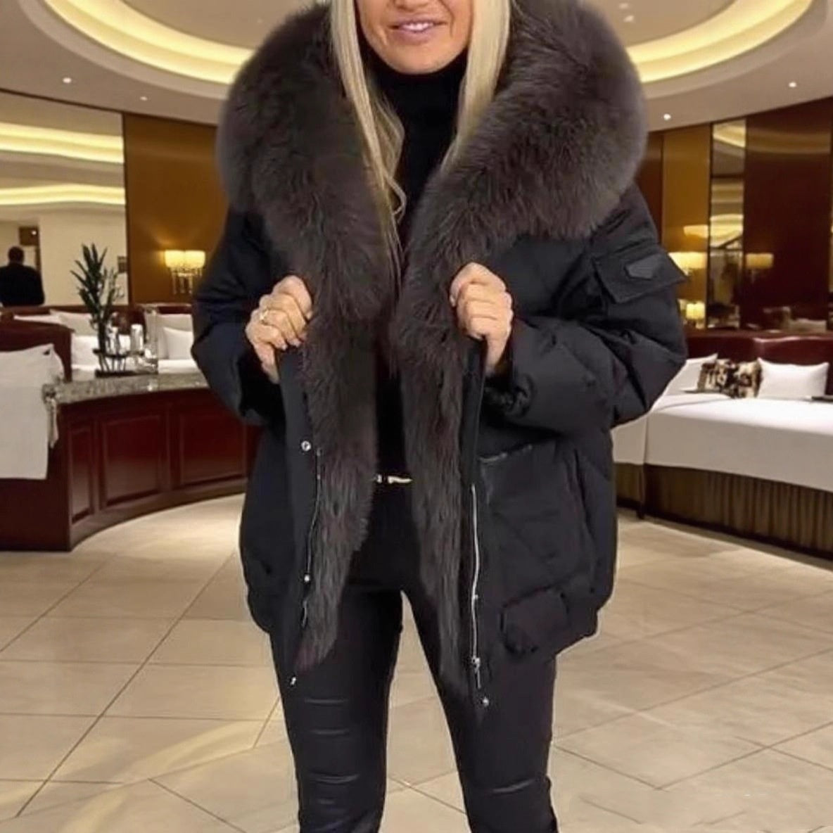 Cozy Mid Length Puffer Jacket with Plush Faux Fur Hood Winter Outerwear