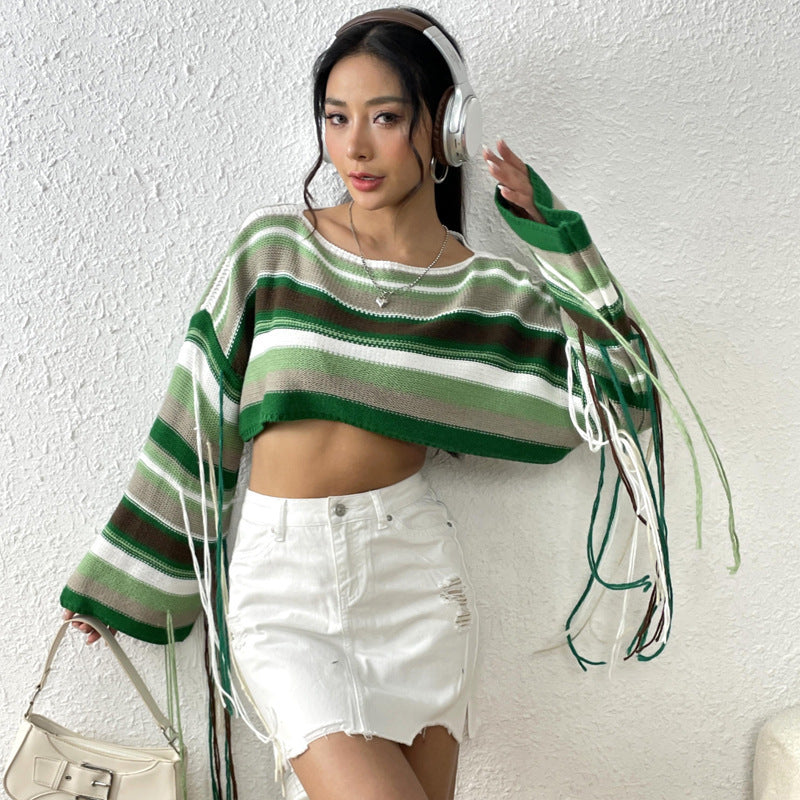 Vibrant Striped Loose Cropped Sweater with Bell Sleeves