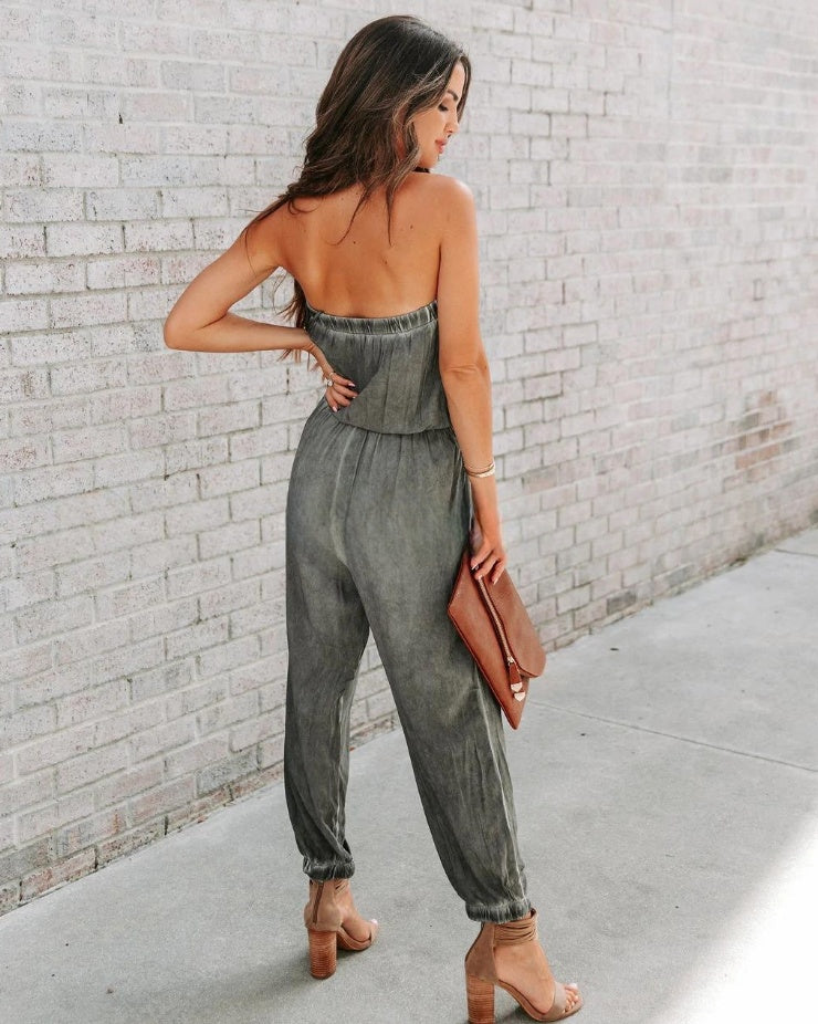 Chic Bandeau Strapless Cotton Blend Jumpsuit with Drawstring Waist and Pockets for Effortless Style