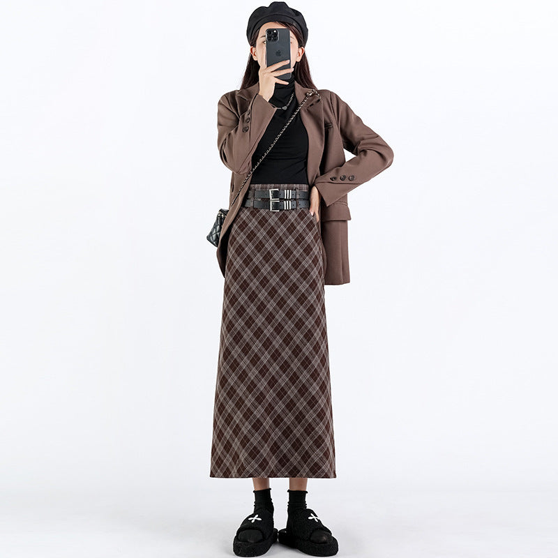 High Waist Plaid Split A Line Midi Skirt College Style
