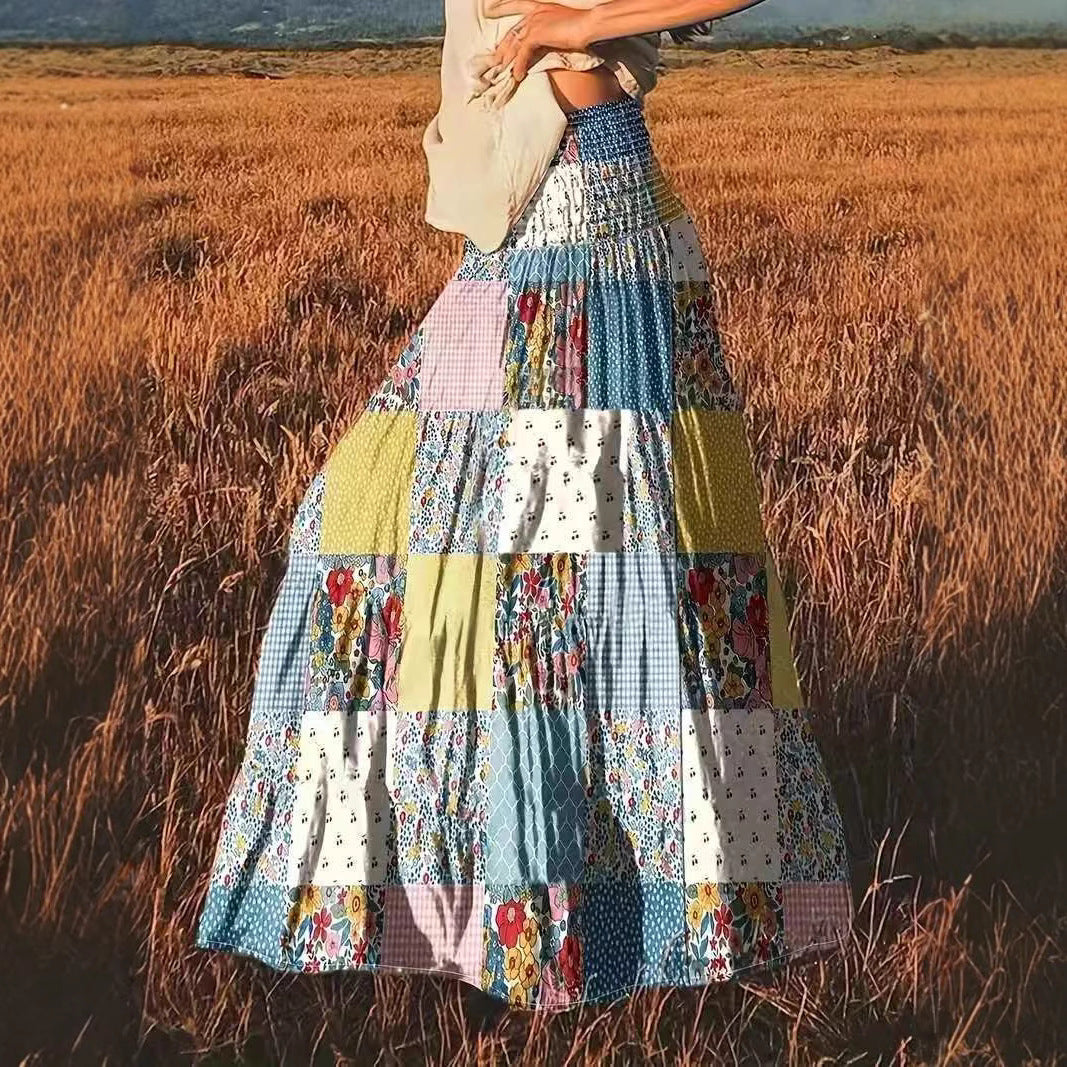 Vibrant Floral Patchwork Tiered Bohemian Maxi Skirt