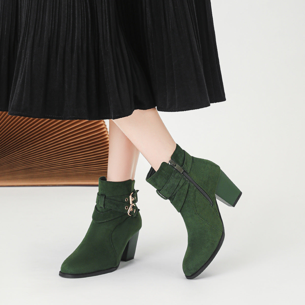 Adalyn Suede Buckle Block Heel Boots