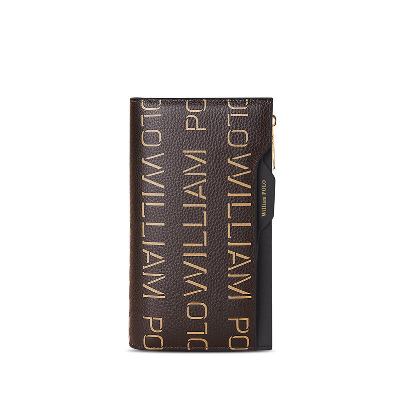 Elegant Genuine Cowhide Leather Wallet with Stylish Monogram Print and Wrist Strap