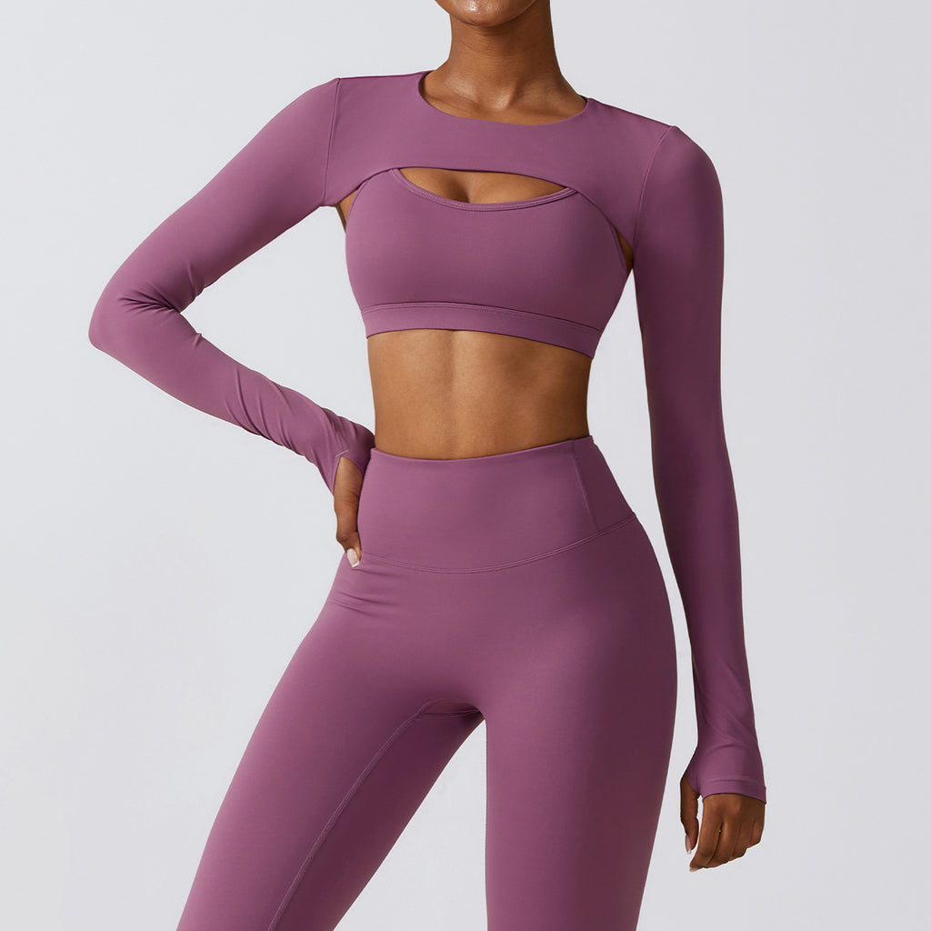 Women's Comfortable Long Sleeve Cutout Crop Top and High Waist Yoga Leggings Two Piece Workout Set