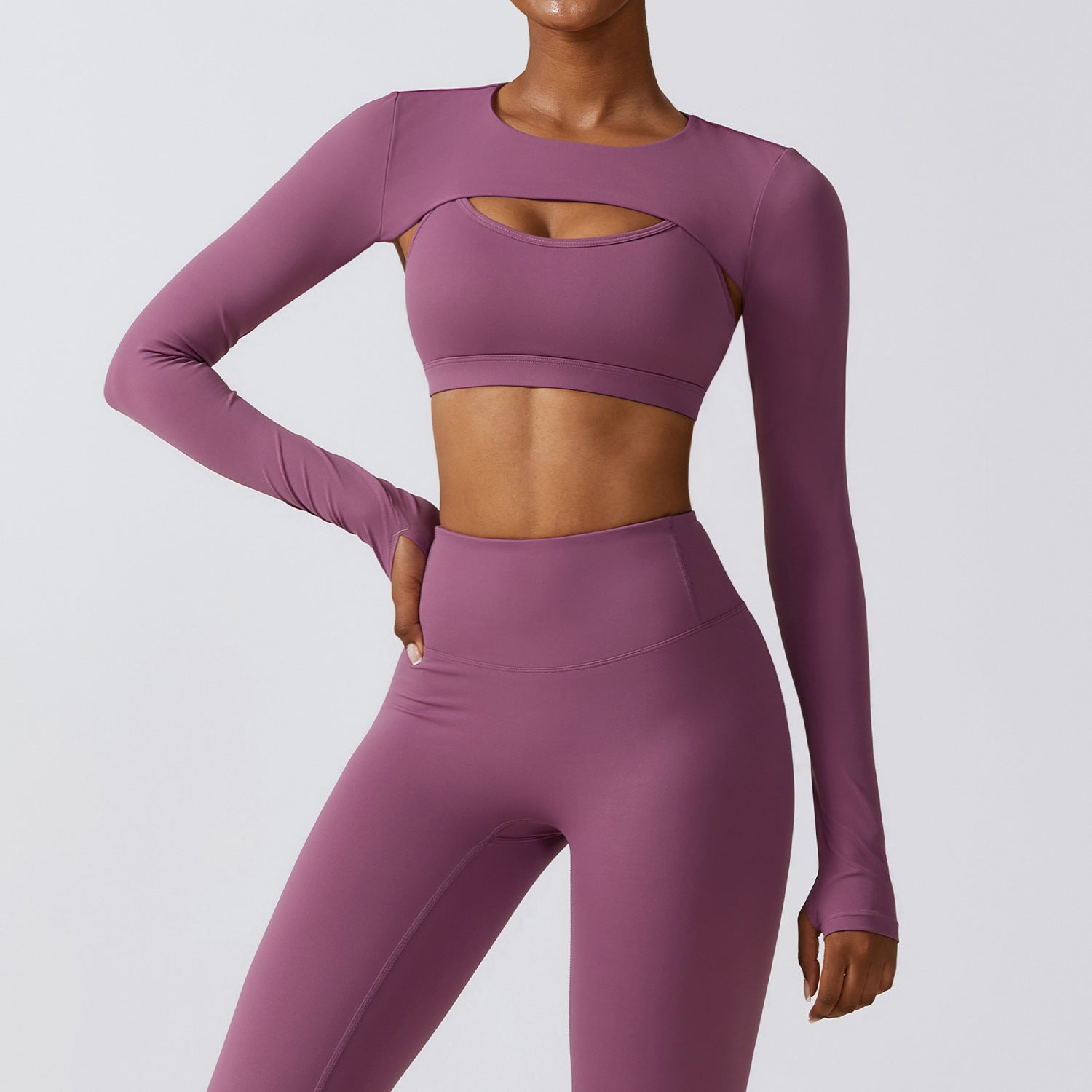 Women's Comfortable Long Sleeve Cutout Crop Top and High Waist Yoga Leggings Two Piece Workout Set