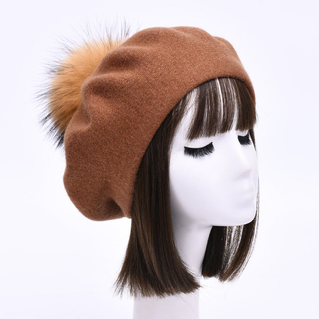 Women's Wool Beret with Real Raccoon Fur Pom Pom