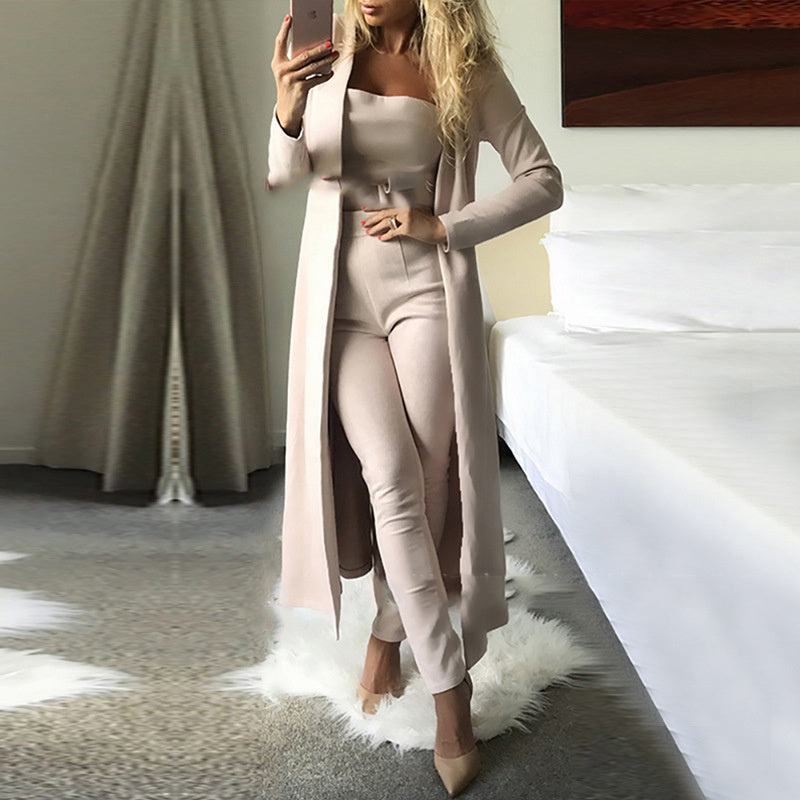 Elegant Women's 3-Piece Duster Coat, Crop Top & Pants Matching Set