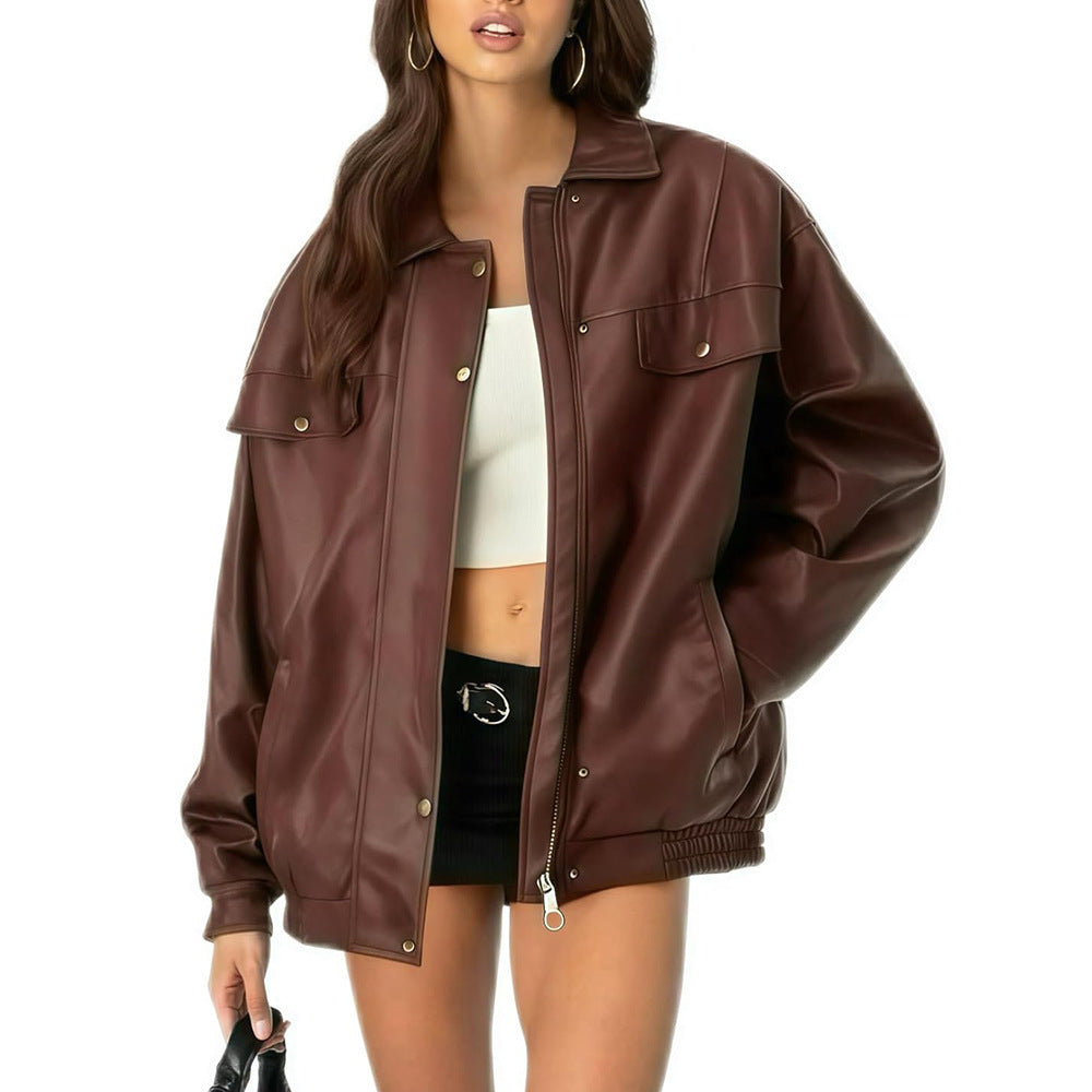 Chic Loose Fit Faux Leather Lapel Jacket Long Sleeve Motorcycle Style