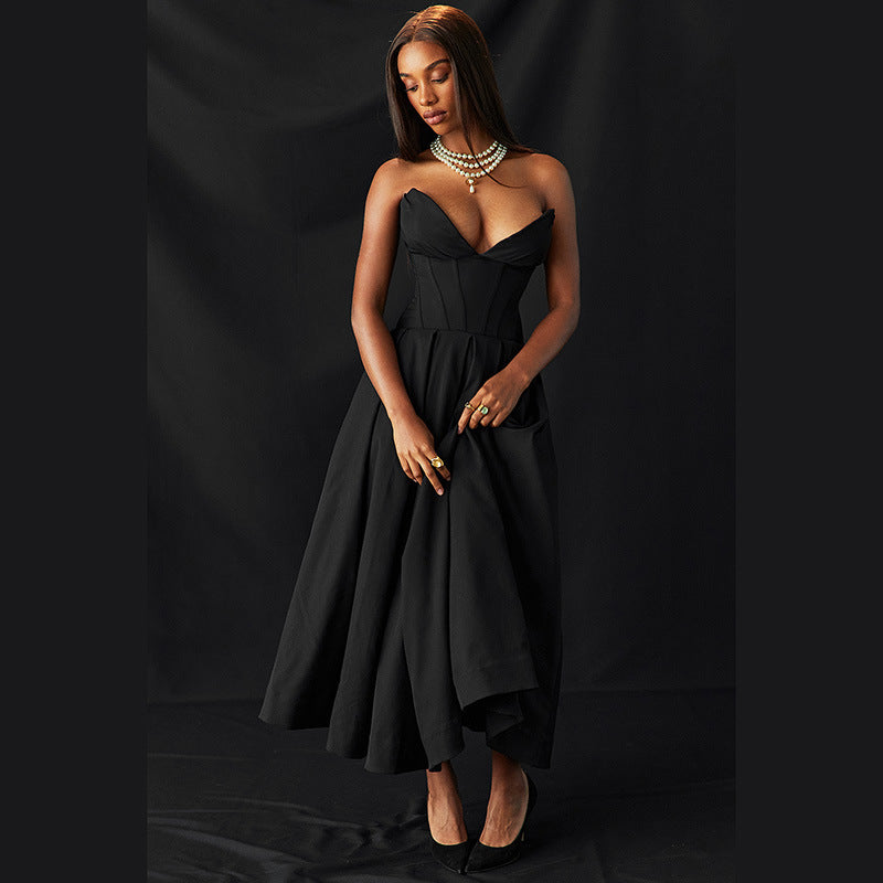 Elegant Strapless Corset Midi Dress - Evening & Party