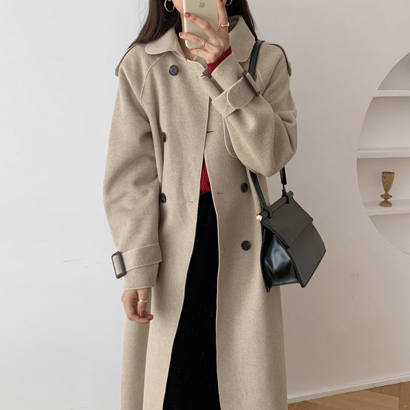 Elegant Double-Breasted Trench Coat - Classic Lapel Longline Outerwear