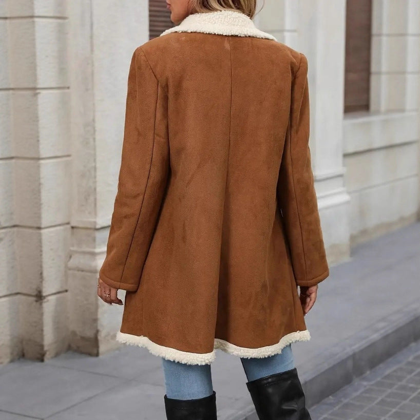 Cozy Faux Suede Sherpa Lined Double Breasted Mid Length Winter Coat