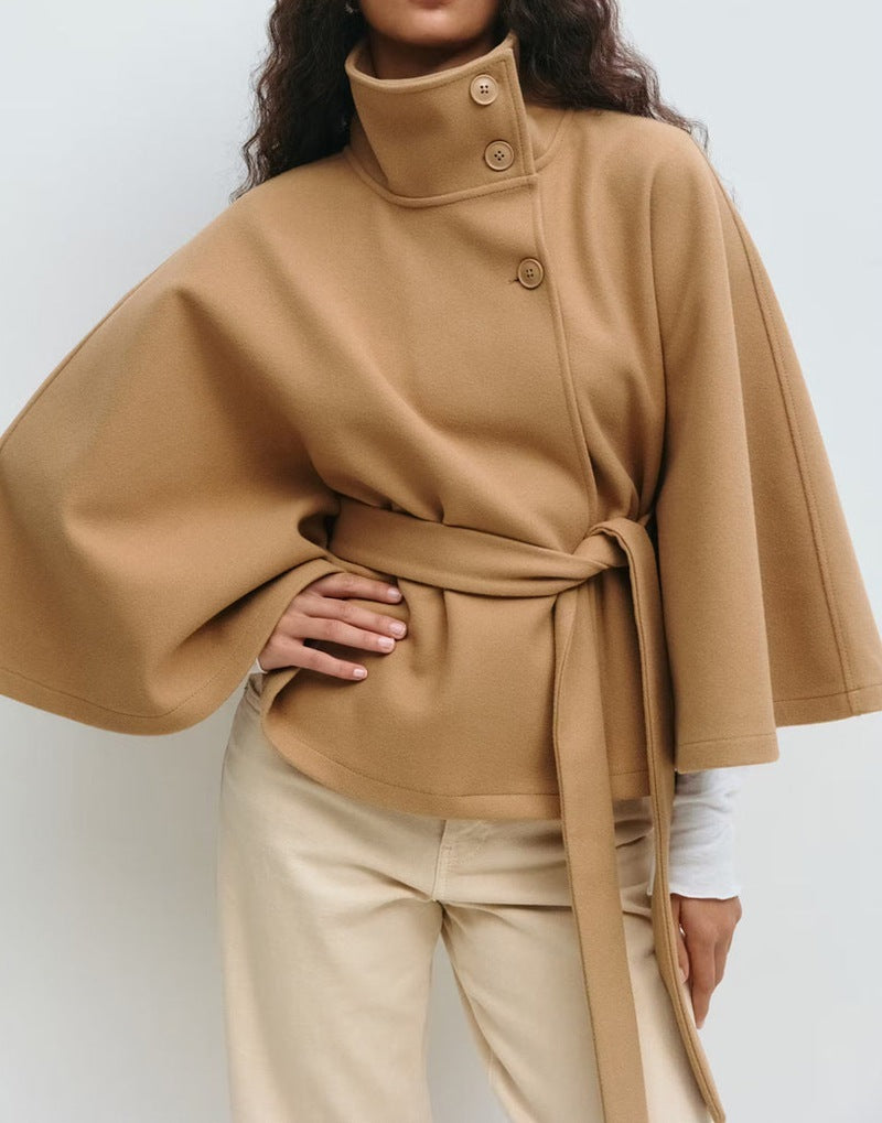Elegant High Neck Batwing Sleeve Winter Coat with Belt