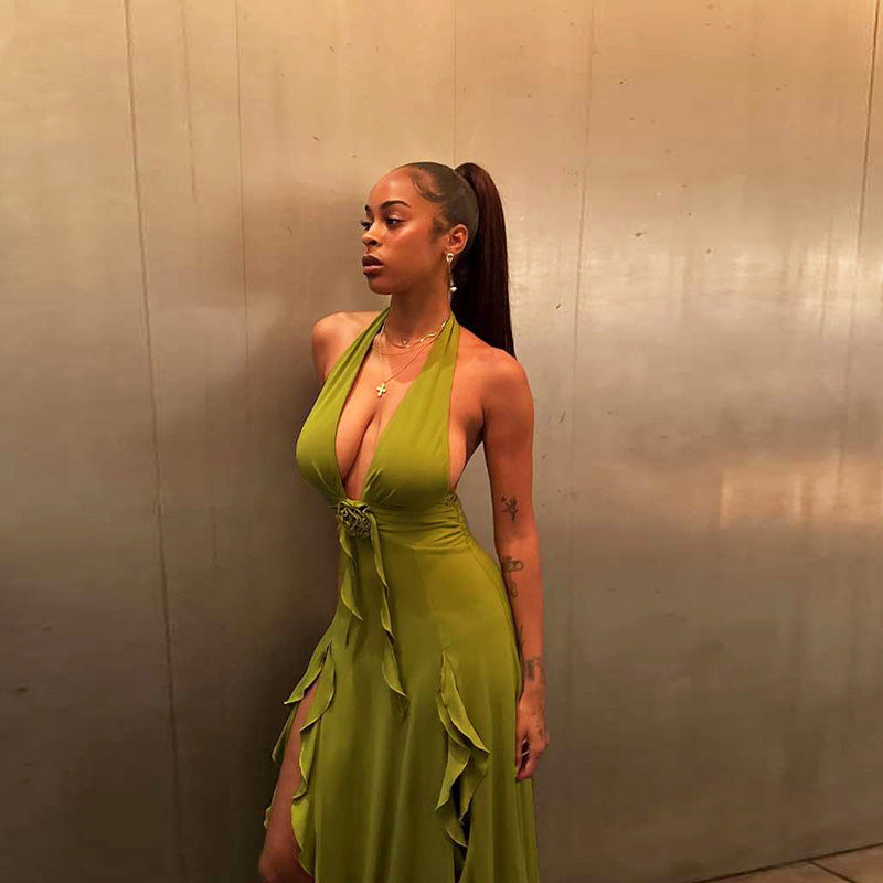 Women's Floral Halter Dress - V-Neck Slit Maxi Gown