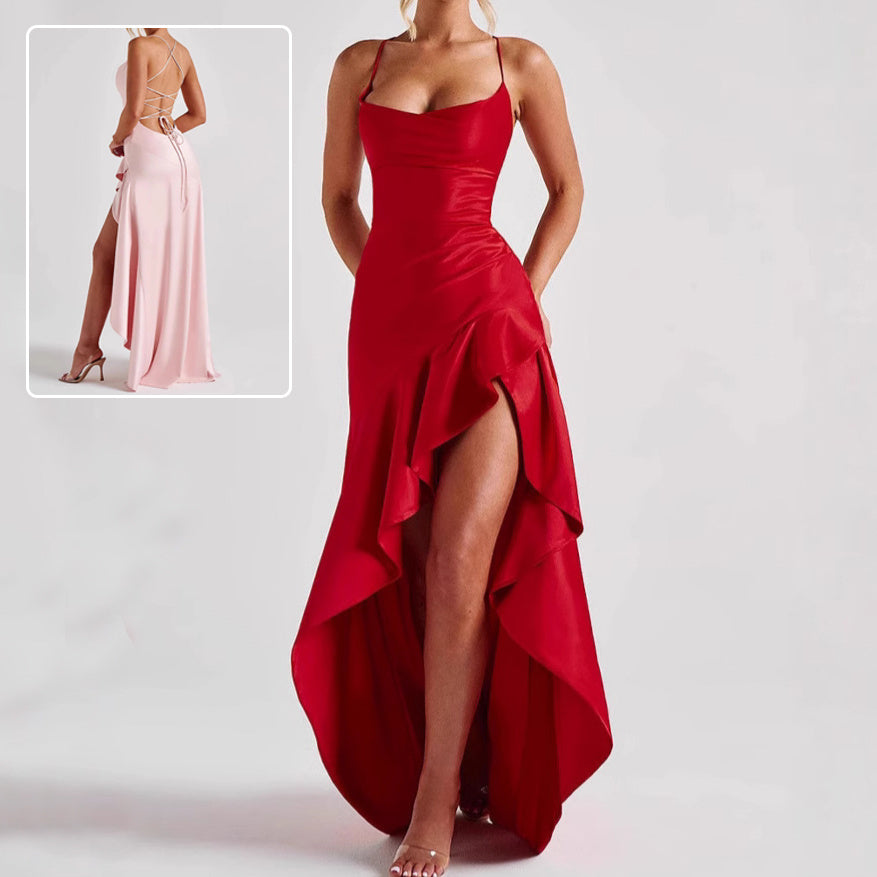 Glamorous Backless Ruffled High-Slit Maxi Dress for Evening Wear