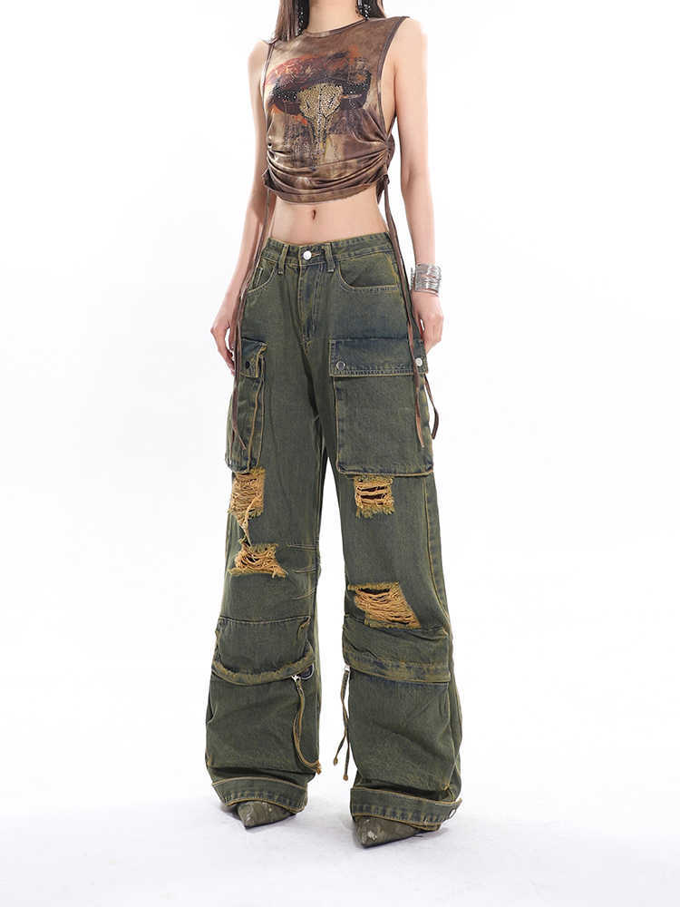 Trendy Distressed Baggy Cargo Jeans - Vintage Green