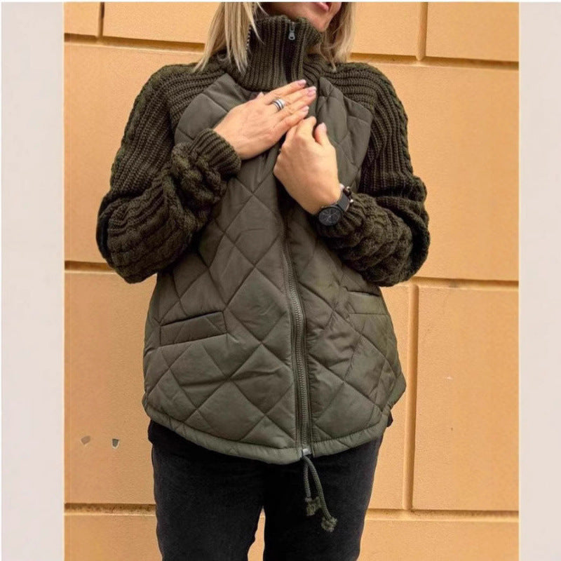 Stylish Quilted Front Zipper Jacket with Cozy Knitted Sleeves and Stand Collar